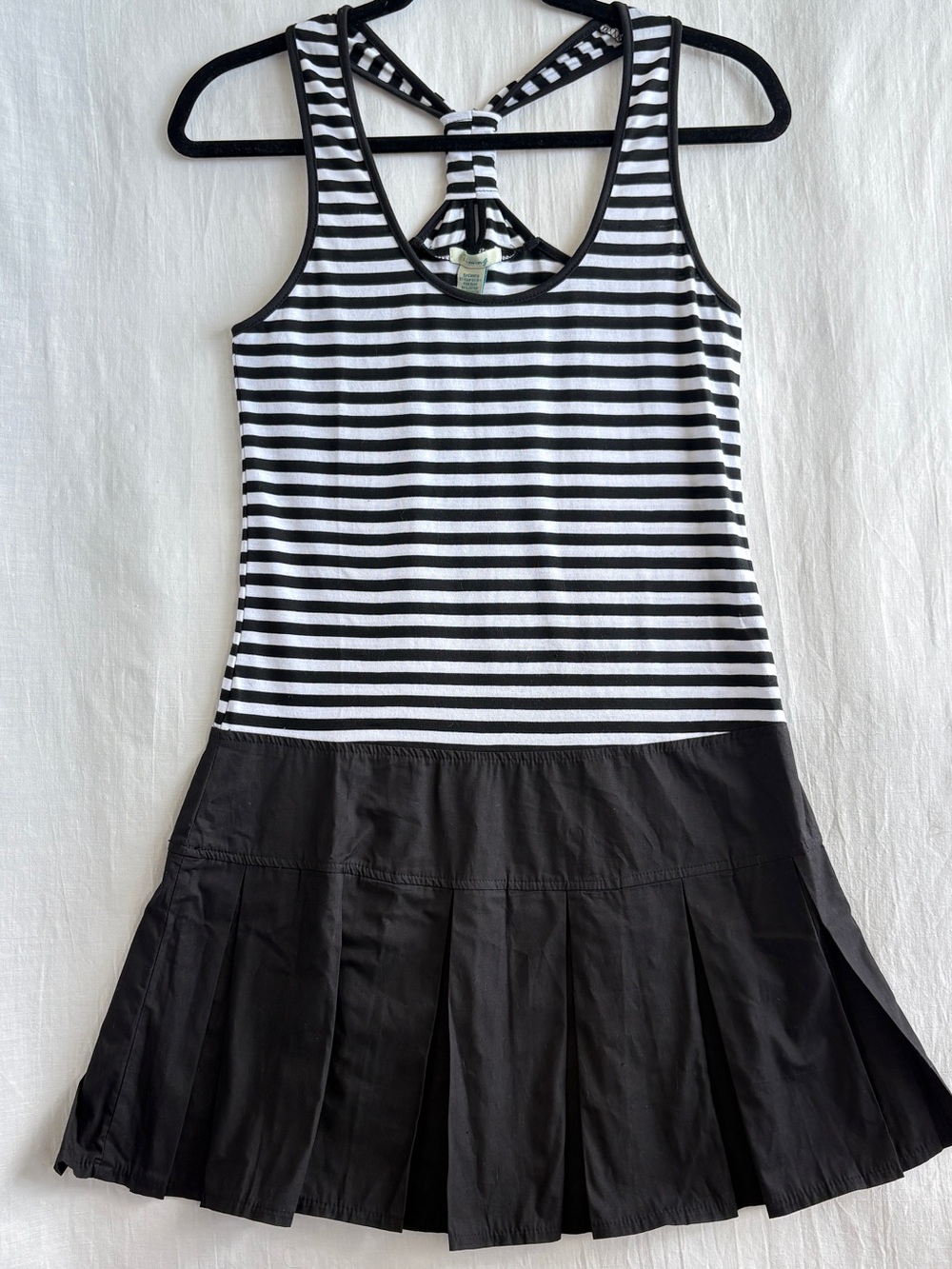 Timing Black and White Striped Tank Junior Dress with Pleated Skirt